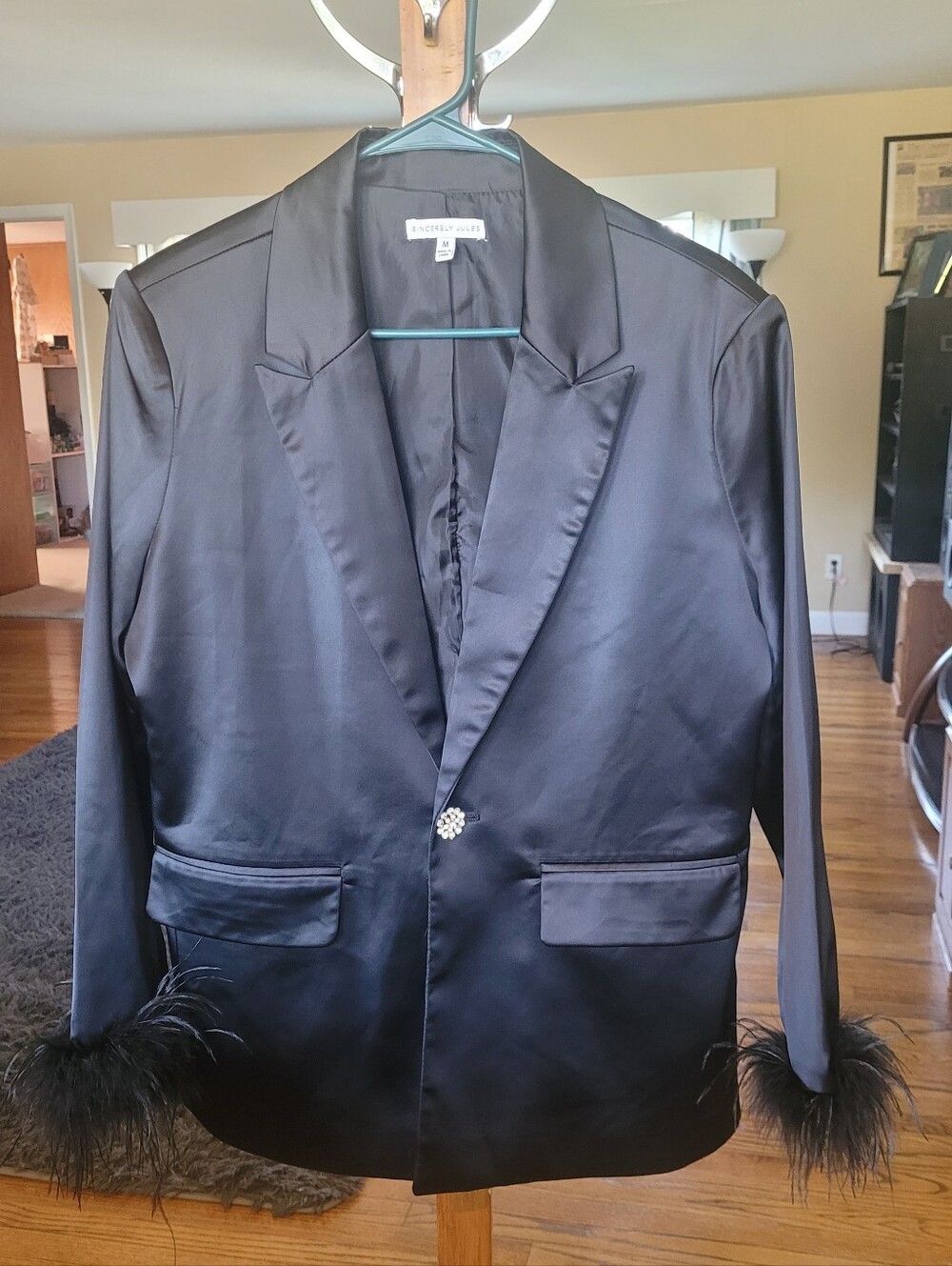 Black Satin Blazer with feather cuffs by Sincerely Jules. Size M.